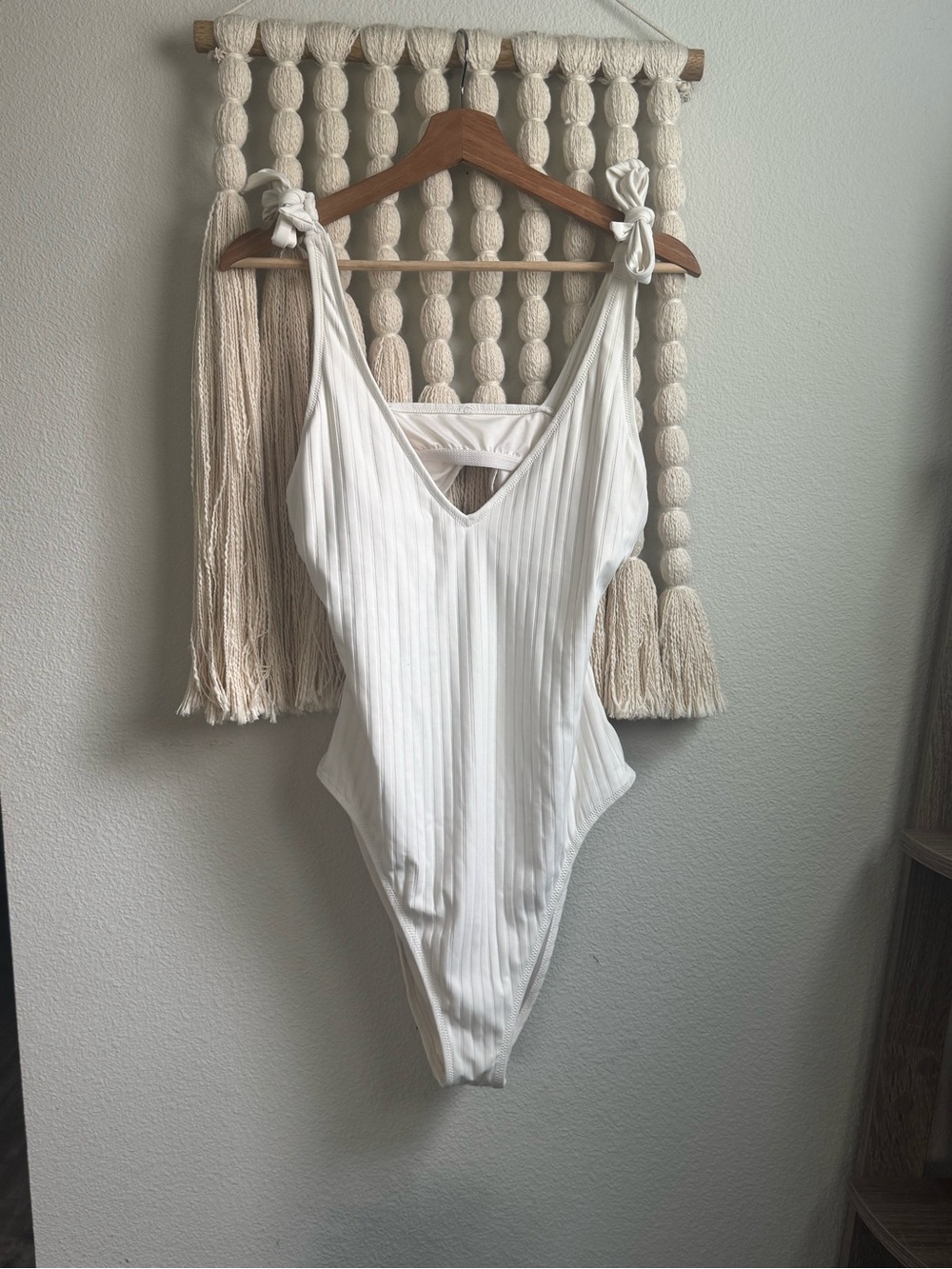 Shade & Shore White Ribbed Tie-Shoulder One-Piece
